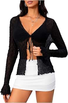 Milumia Women's Y2K Textured Lettuce Trim Tie Front Cardigan